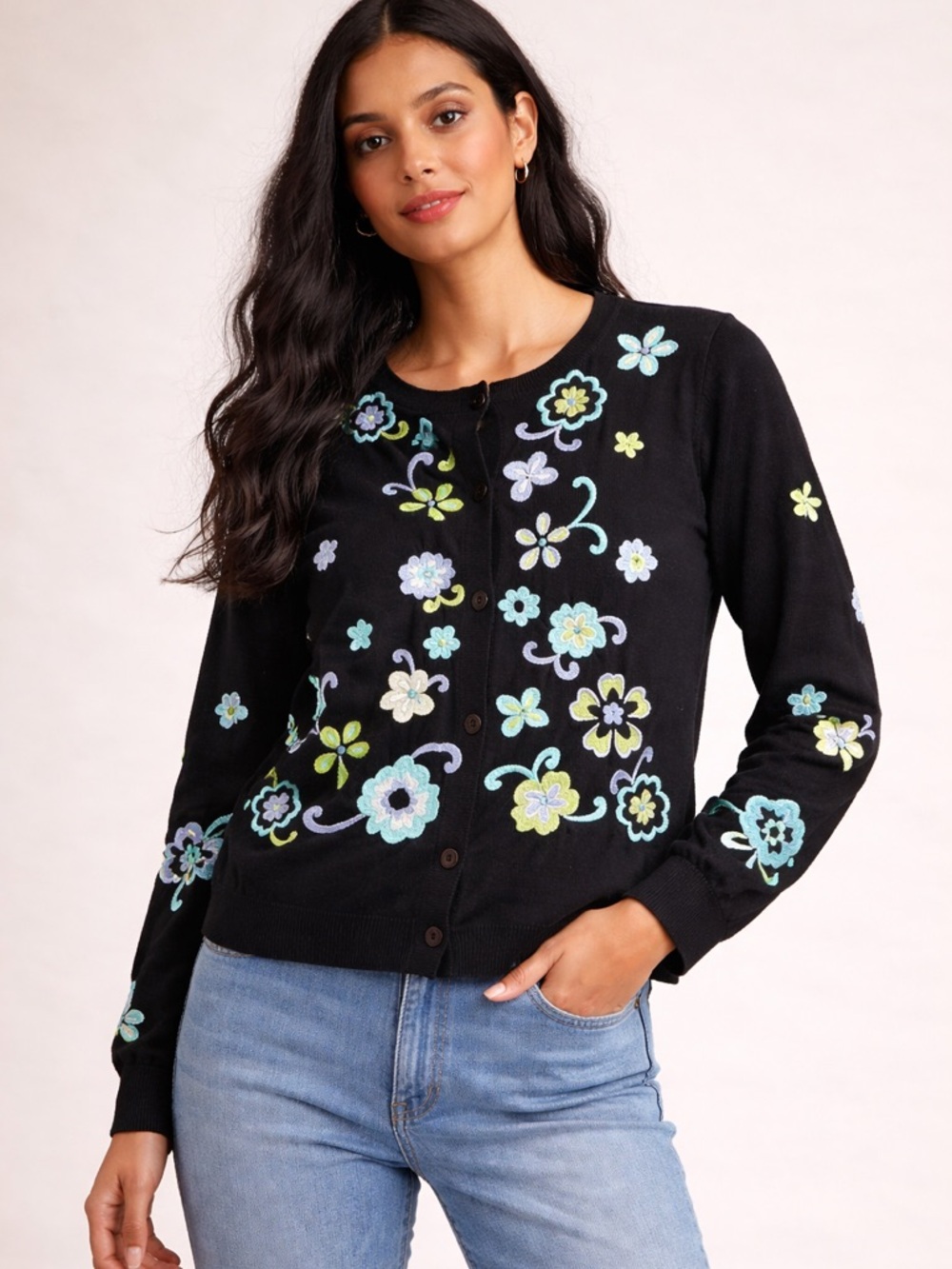 Michael Simon Black Cardigan with Blue and Green Floral Embroidery